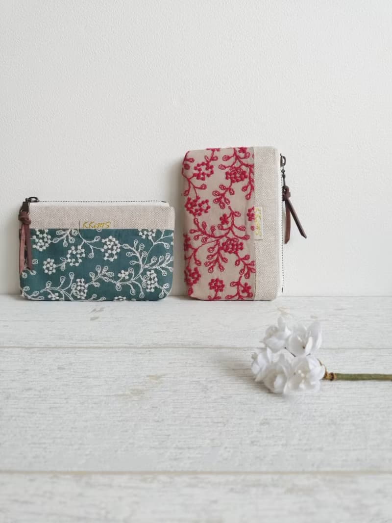 【FWL/四層小錢包】日本刺繡 小葉果實 暗紅 藍綠 法國金蔥布