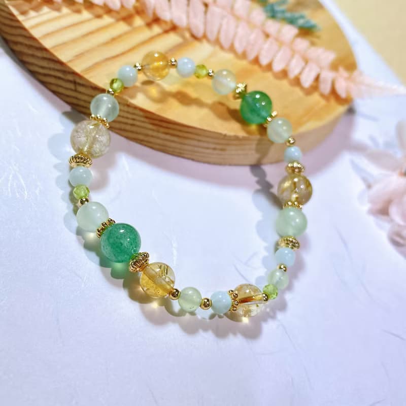 葡萄石 綠草莓 黃水晶 金髮晶 月光石||招財 轉運 人緣 水晶手鍊