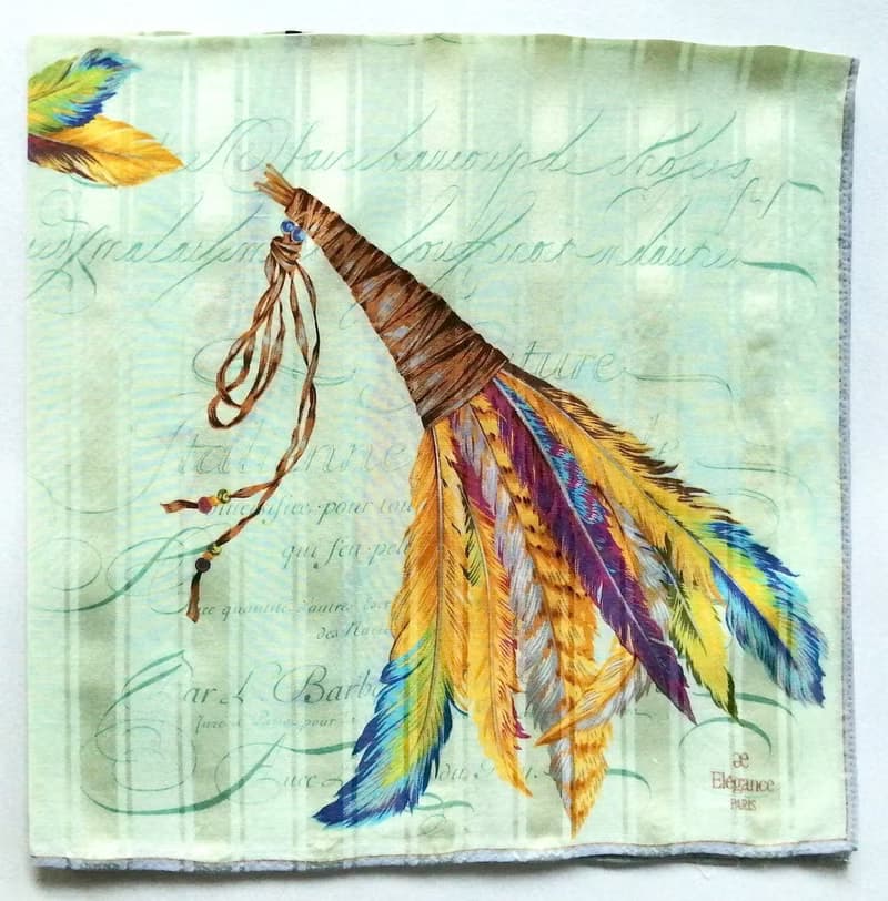 ae Elegance Paris Vintage Scarf Feathers Quill Pen Green 23 x 23 inches