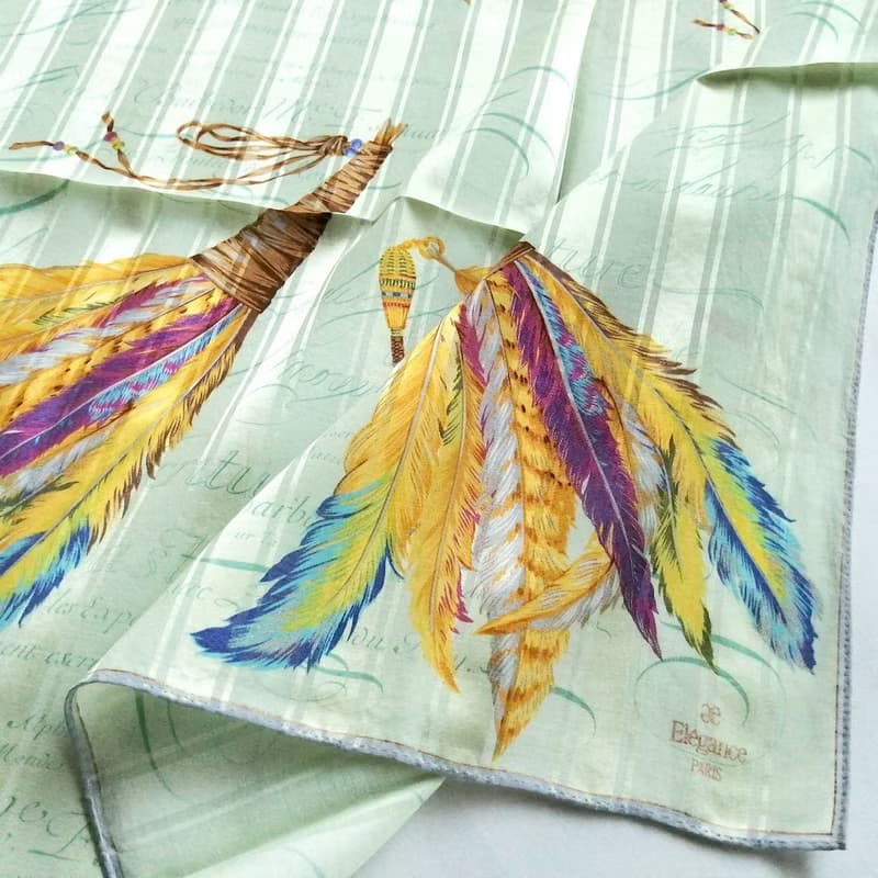 ae Elegance Paris Vintage Scarf Feathers Quill Pen Green 23 x 23 inches