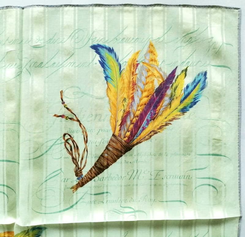 ae Elegance Paris Vintage Scarf Feathers Quill Pen Green 23 x 23 inches