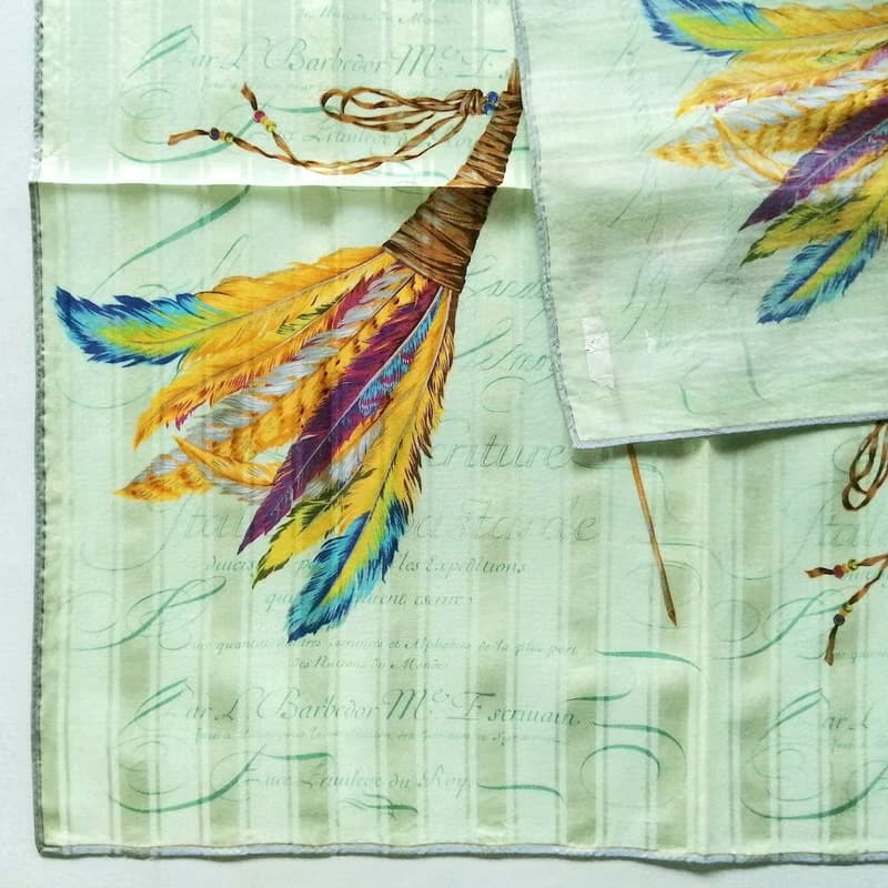 ae Elegance Paris Vintage Scarf Feathers Quill Pen Green 23 x 23 inches