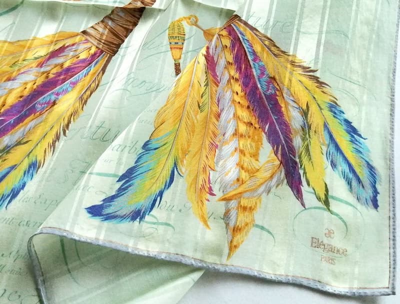 ae Elegance Paris Vintage Scarf Feathers Quill Pen Green 23 x 23 inches