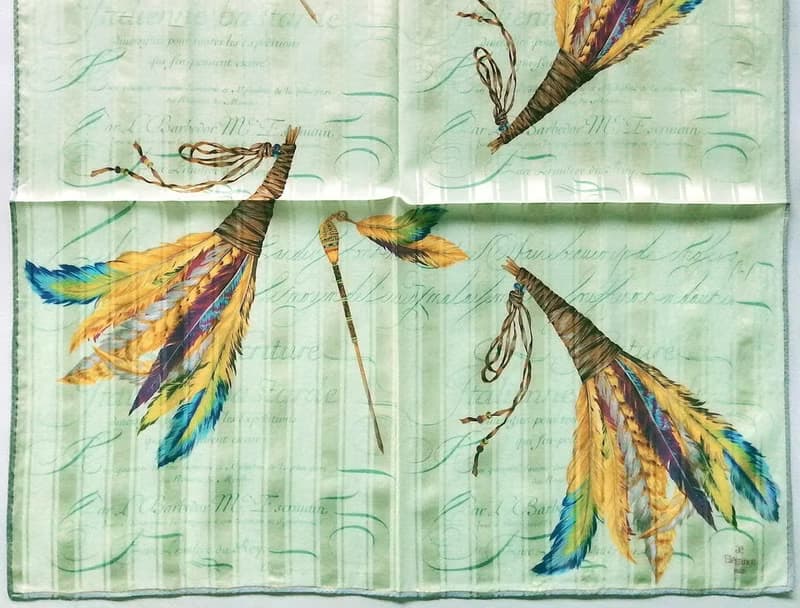 ae Elegance Paris Vintage Scarf Feathers Quill Pen Green 23 x 23 inches