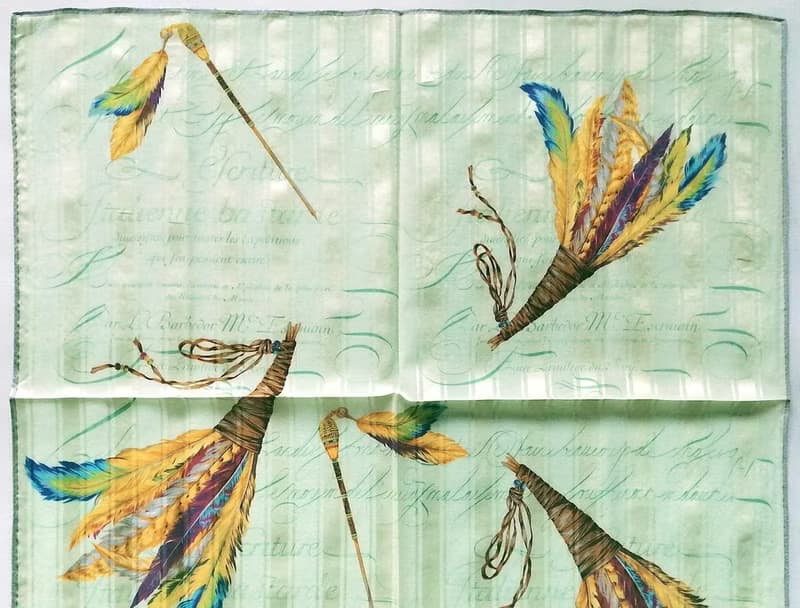 ae Elegance Paris Vintage Scarf Feathers Quill Pen Green 23 x 23 inches