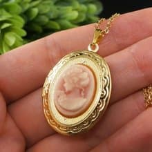 Pink Lady Girl Cameo Locket Oval Golden Photo Locket Pendant Necklace Jewelry