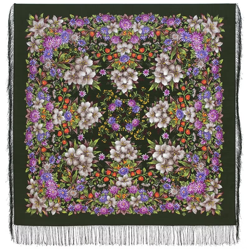 Pavlovo Posad Russian Shawl 100% Wool Scarf 125x125 cm Wrap Silk Fringe 1987-17