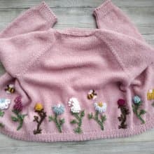 Handmade alpaca wool sweater, jacket with embroidered flower. Childrens clothing