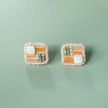 橘綠刺繡小方塊耳環 耳針耳夾 抗敏鋼針