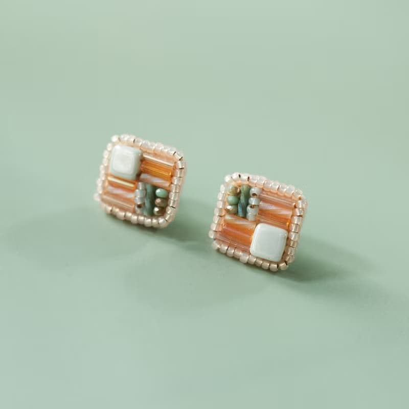 橘綠刺繡小方塊耳環 耳針耳夾 抗敏鋼針