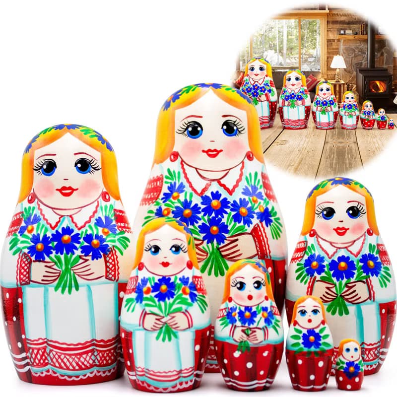 Russian Stacking Dolls - Matryoshka Nesting Dolls in Folk Dress and Cornflowers