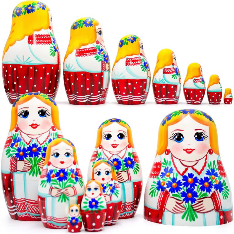 Russian Stacking Dolls - Matryoshka Nesting Dolls in Folk Dress and Cornflowers