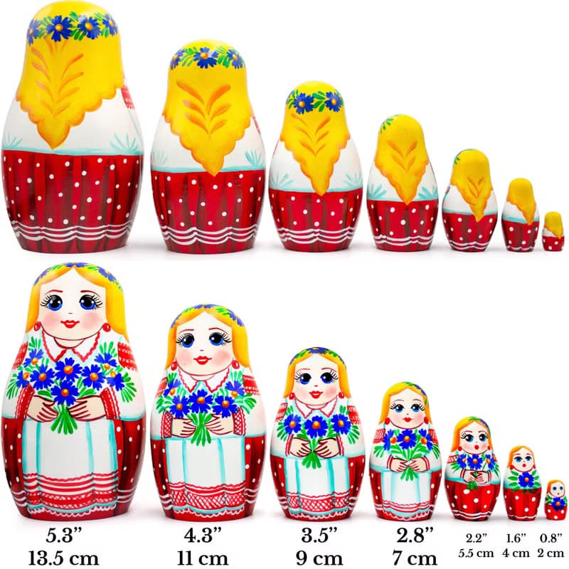 Russian Stacking Dolls - Matryoshka Nesting Dolls in Folk Dress and Cornflowers