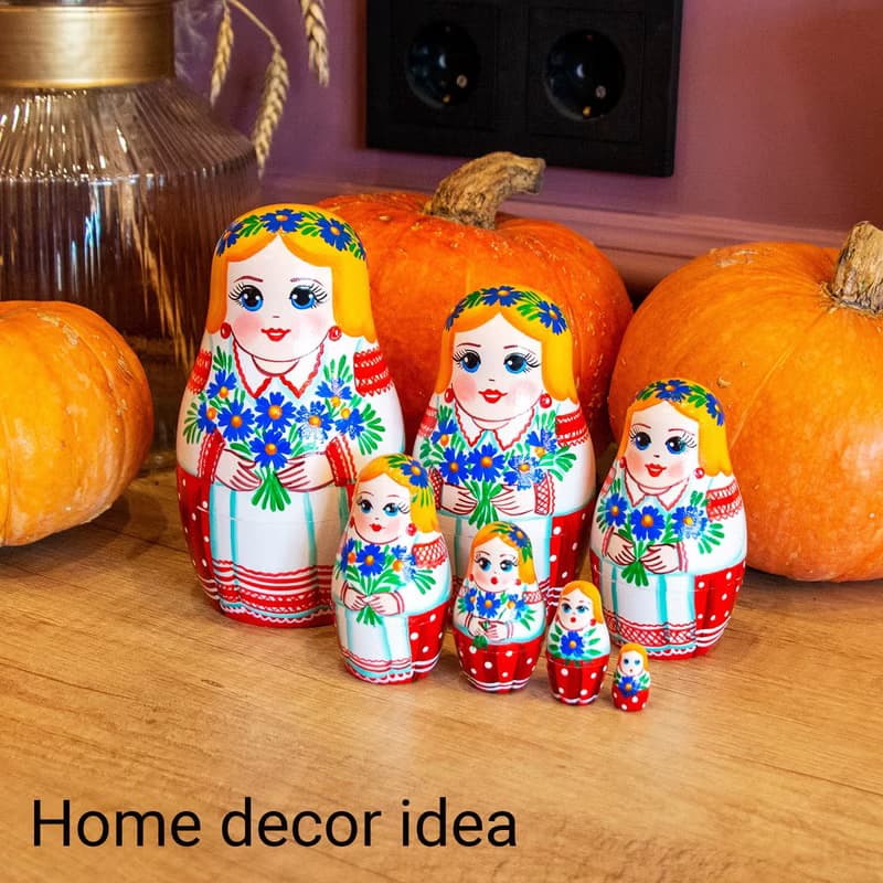 Russian Stacking Dolls - Matryoshka Nesting Dolls in Folk Dress and Cornflowers