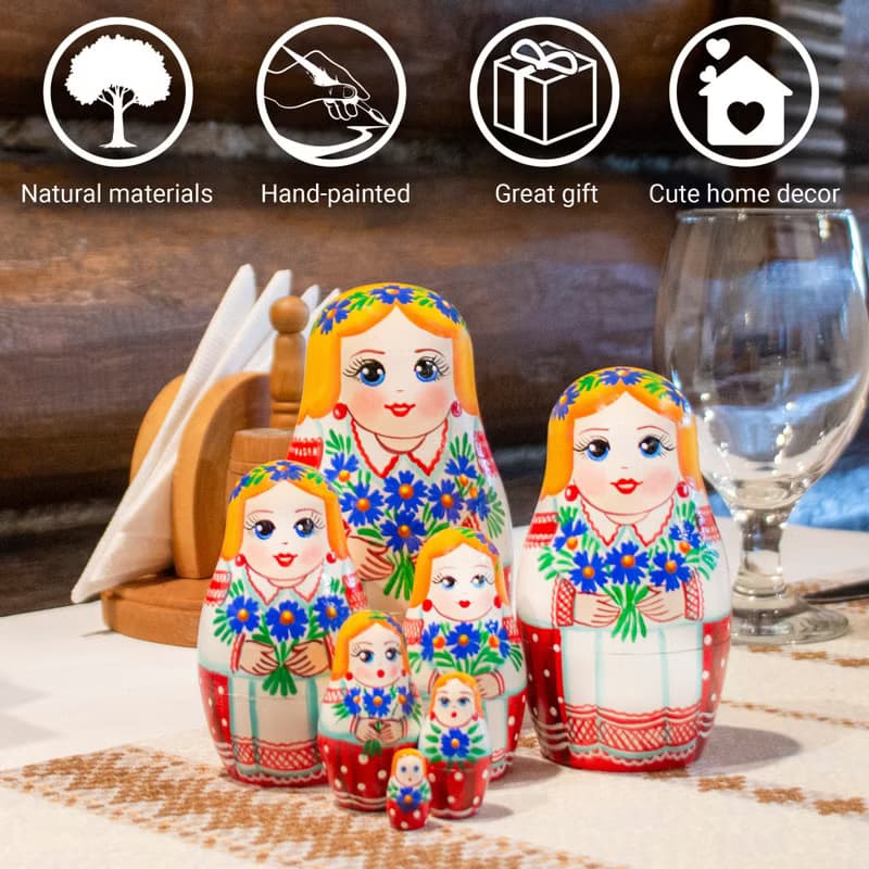 Russian Stacking Dolls - Matryoshka Nesting Dolls in Folk Dress and Cornflowers