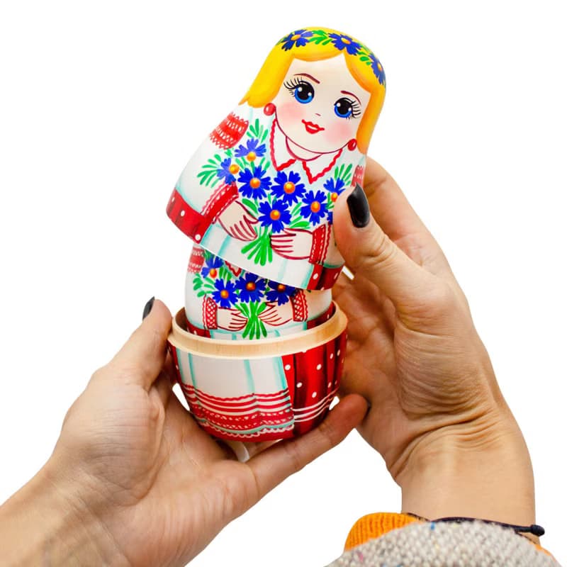 Russian Stacking Dolls - Matryoshka Nesting Dolls in Folk Dress and Cornflowers
