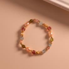 緞帶。橘粉淡水珍珠 海水藍寶 草莓晶 14K包金 水晶礦石手鍊