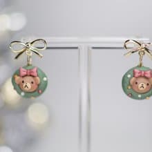 【手工軟陶】聖誕花環 小熊 耳環耳夾