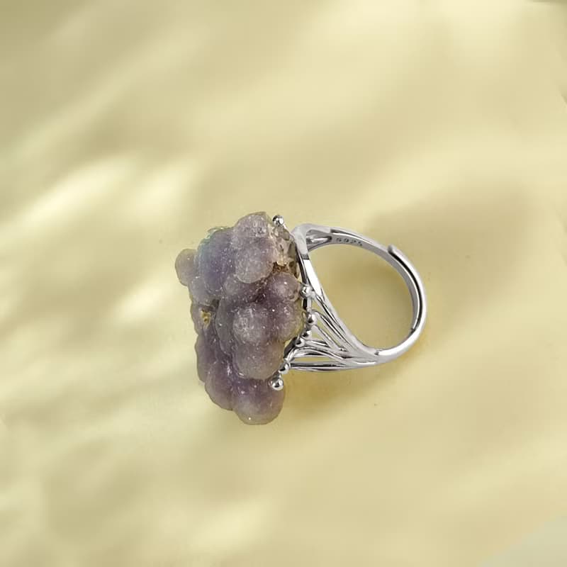 灰紫色瑪瑙活口戒指 隨形原石標本 異象星光手工指環 S925銀