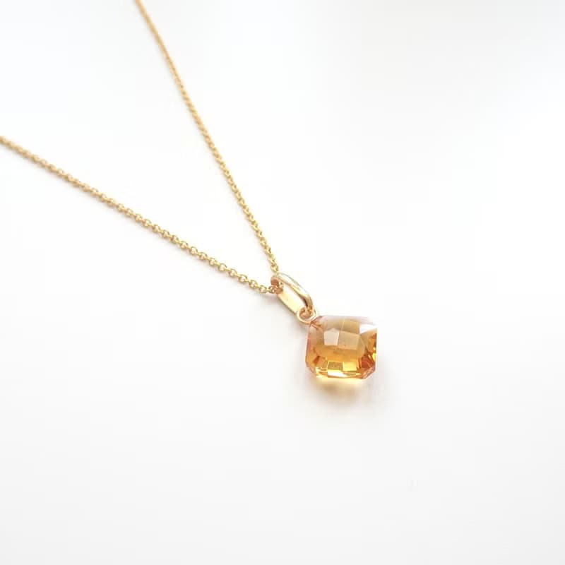 天然黃水晶 菱形切割 古董純 14K 金墜 | 搭配 14K GF 包金鍊