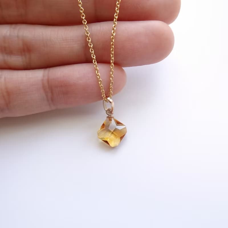 天然黃水晶 菱形切割 古董純 14K 金墜 | 搭配 14K GF 包金鍊
