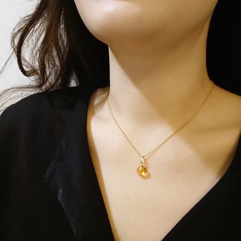 天然黃水晶 菱形切割 古董純 14K 金墜 | 搭配 14K GF 包金鍊