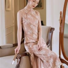 咖杏色 如煙 無袖包邊優雅蕾絲開衩旗袍 改良新中式國風洋裝禮服