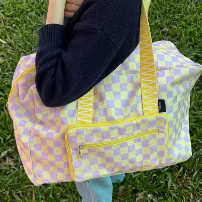 摺疊收納旅行袋 / 棋盤格輕便行李袋 肩背包