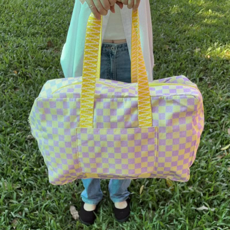 摺疊收納旅行袋 / 棋盤格輕便行李袋 肩背包