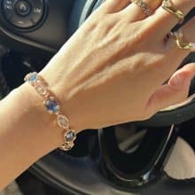 天空藍方型彩色鋯石黃銅鍍14K手鏈