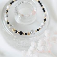 墨之心。黑曜石 黑尖晶 黑雲母 白松石 14K 天然石水晶 手鍊