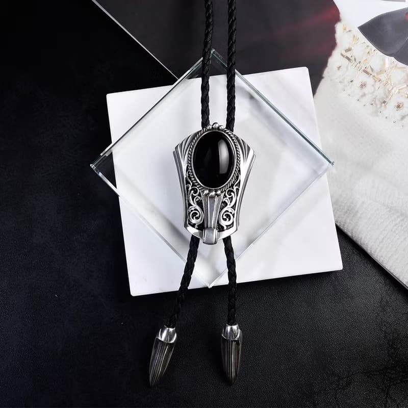 復古裝飾 黑瑪瑙 保羅領帶 Bolo Tie 皮革項鍊 皮繩領帶 長項鍊