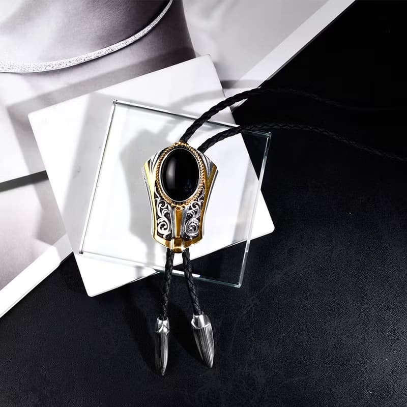 復古裝飾 黑瑪瑙 保羅領帶 Bolo Tie 皮革項鍊 皮繩領帶 長項鍊
