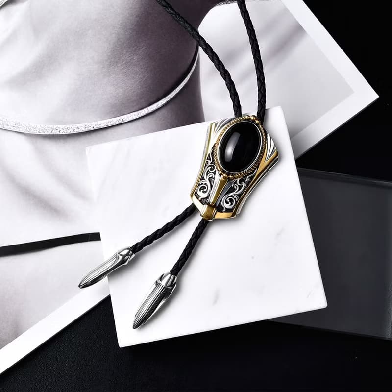 復古裝飾 黑瑪瑙 保羅領帶 Bolo Tie 皮革項鍊 皮繩領帶 長項鍊