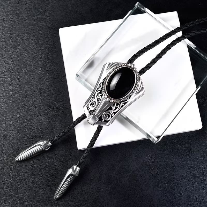 復古裝飾 黑瑪瑙 保羅領帶 Bolo Tie 皮革項鍊 皮繩領帶 長項鍊