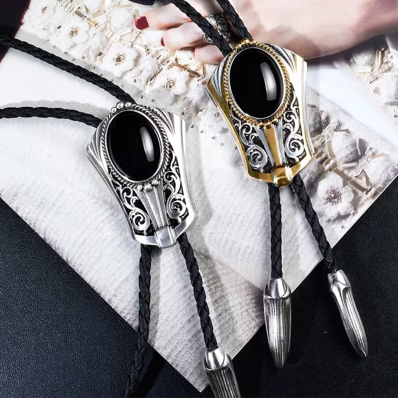 復古裝飾 黑瑪瑙 保羅領帶 Bolo Tie 皮革項鍊 皮繩領帶 長項鍊