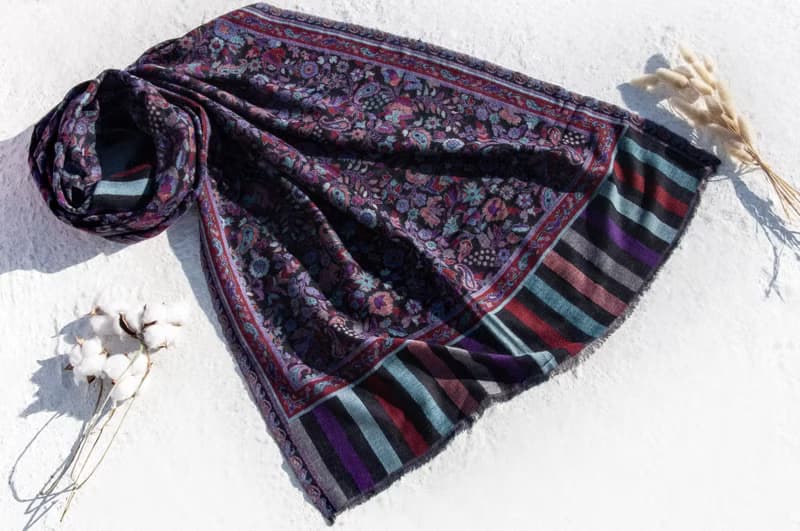 喀什米爾Cashmere 編織羊絨圍巾 純羊毛圍巾披巾 戒指絨披肩-花朵