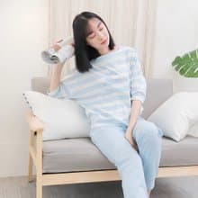UMORFIL膠原蛋白條紋方領七分袖居家服-藍
