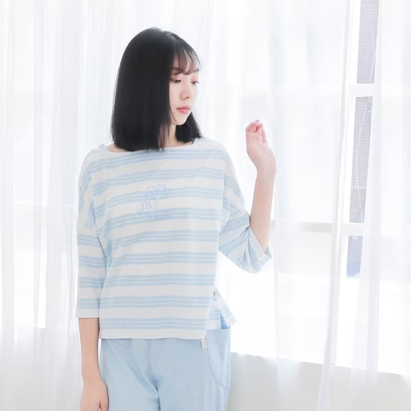 UMORFIL膠原蛋白條紋方領七分袖居家服-藍