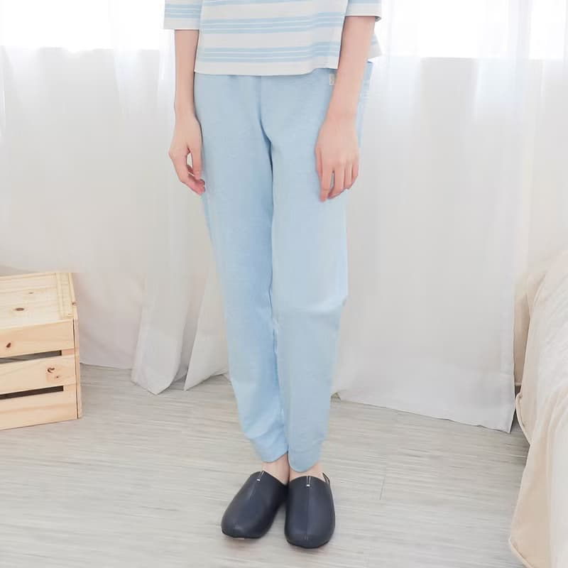 UMORFIL膠原蛋白條紋方領七分袖居家服-藍