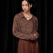 【夜鶯】 披肩圍巾領/拼接花紗針織/長袖打底衫