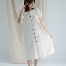 鬆緊帶小袖子排扣洋裝_白(附綁帶)