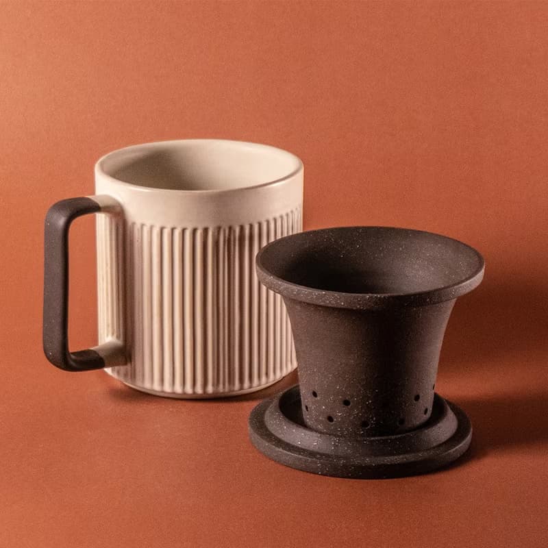 粉引白-直紋馬克杯550ml泡茶杯、內膽、蓋 三件式