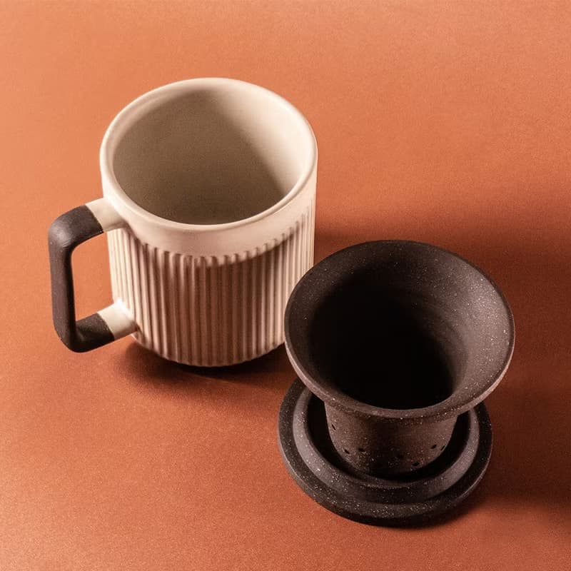 粉引白-直紋馬克杯550ml泡茶杯、內膽、蓋 三件式