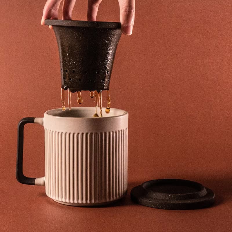粉引白-直紋馬克杯550ml泡茶杯、內膽、蓋 三件式