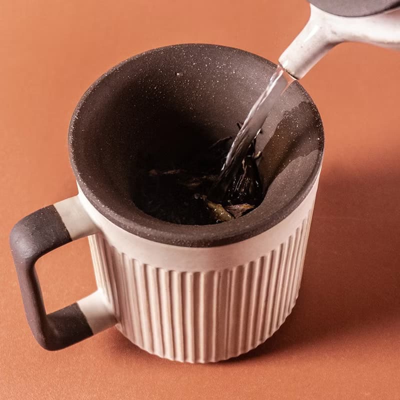 粉引白-直紋馬克杯550ml泡茶杯、內膽、蓋 三件式