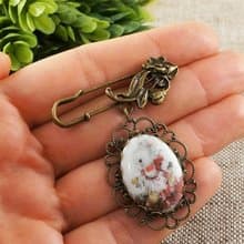 Cute Bunny Rabbit Hare Porcelain Cameo Bronze Flower Floral Brooch Pin Jewelry