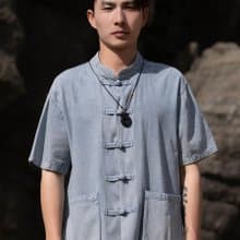 新中式復古 立領盤扣牛仔短袖襯衫