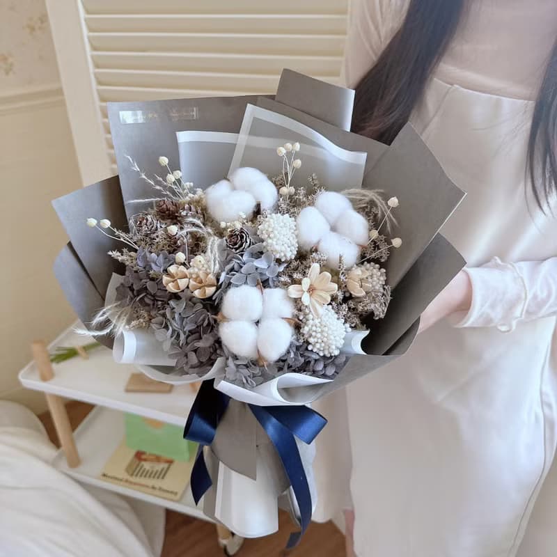 質感灰棉花花束 畢業花束 乾燥花束 男友花束 聖誕節禮物