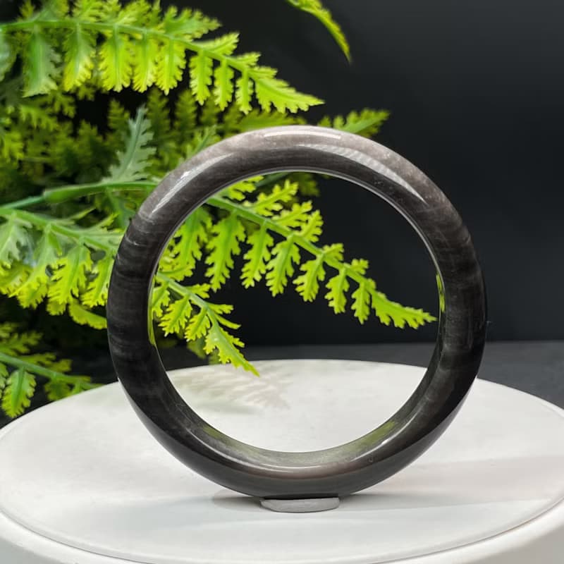 高品質 銀曜石手鐲 59MM 雙天眼千層銀色黑曜石手環 耀眼靈動聚氣